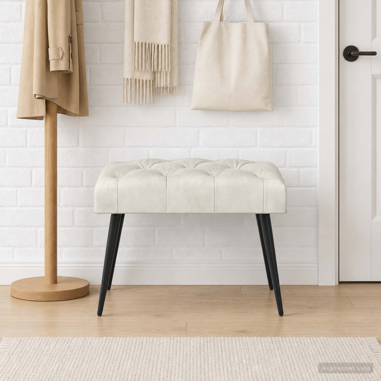 Bænk med knap tufting Cremefarvet 60 x 40 x 45 cm Fløjl billede