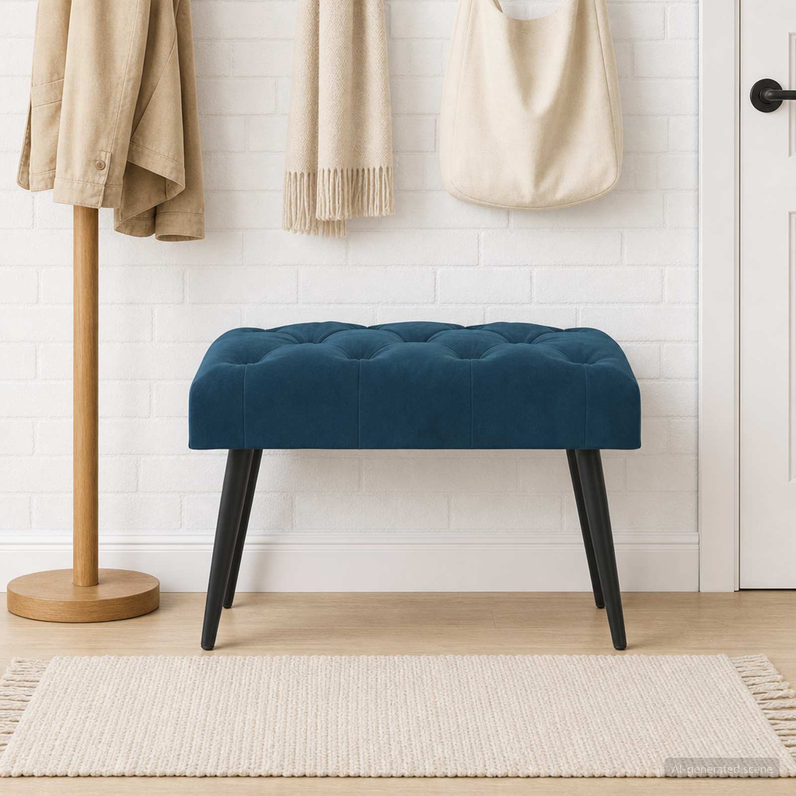 Bænk med knap tufting Blå 60 x 40 x 45 cm Fløjl billede