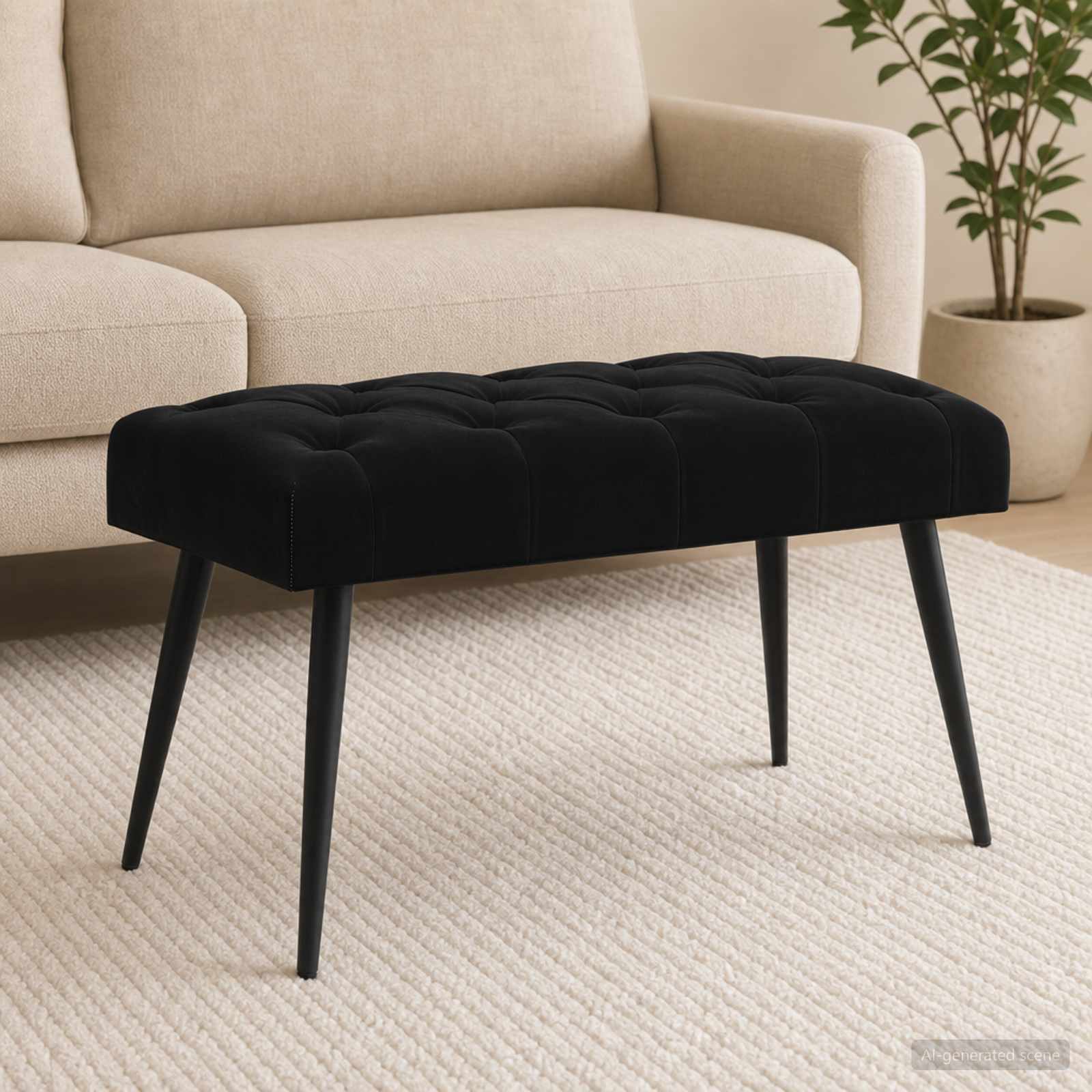 Bænk i fløjl med knap-tufting - sort, 80 × 40 × 46 cm