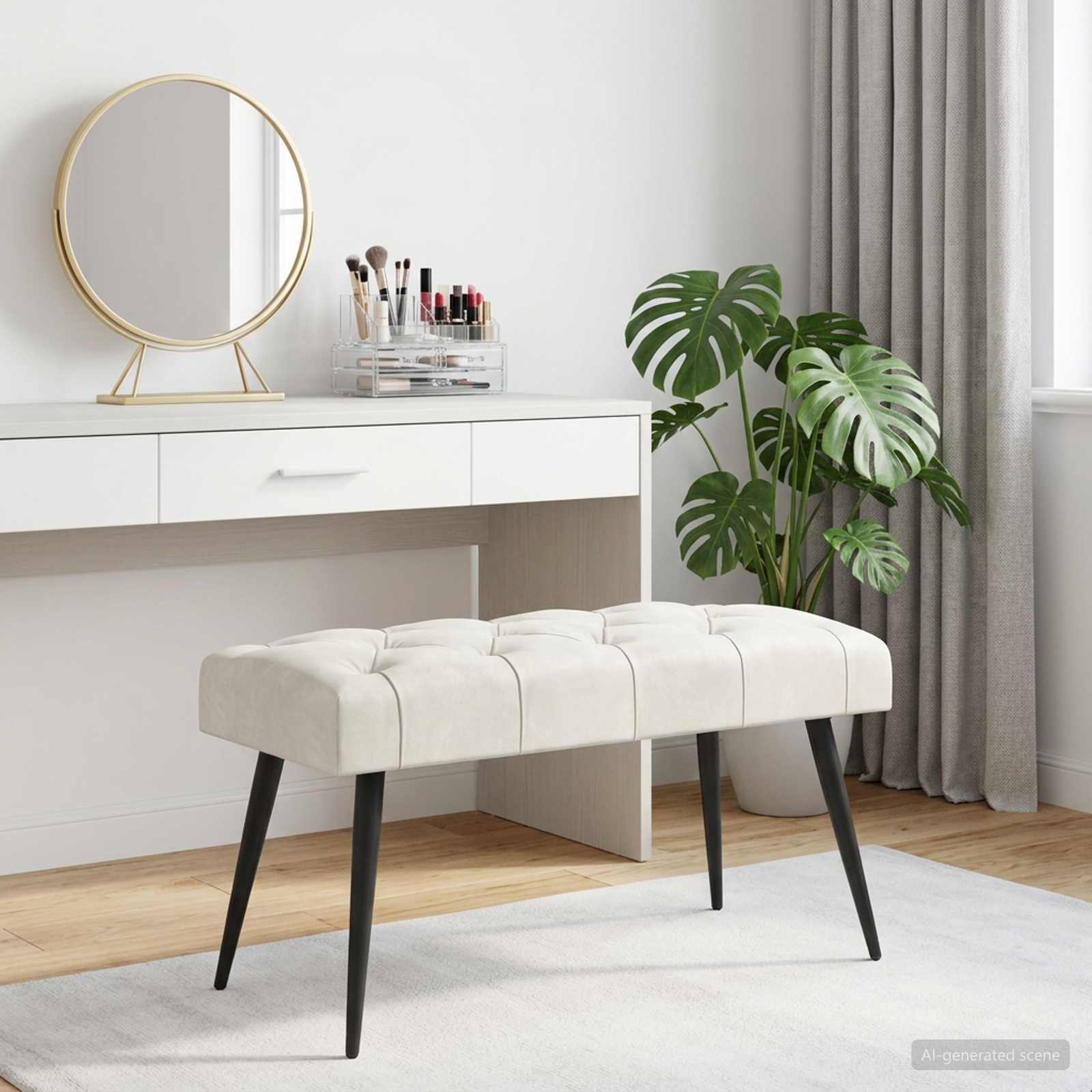 Bænk med knap tufting Cremefarvet 80 x 40 x 46 cm Fløjl billede
