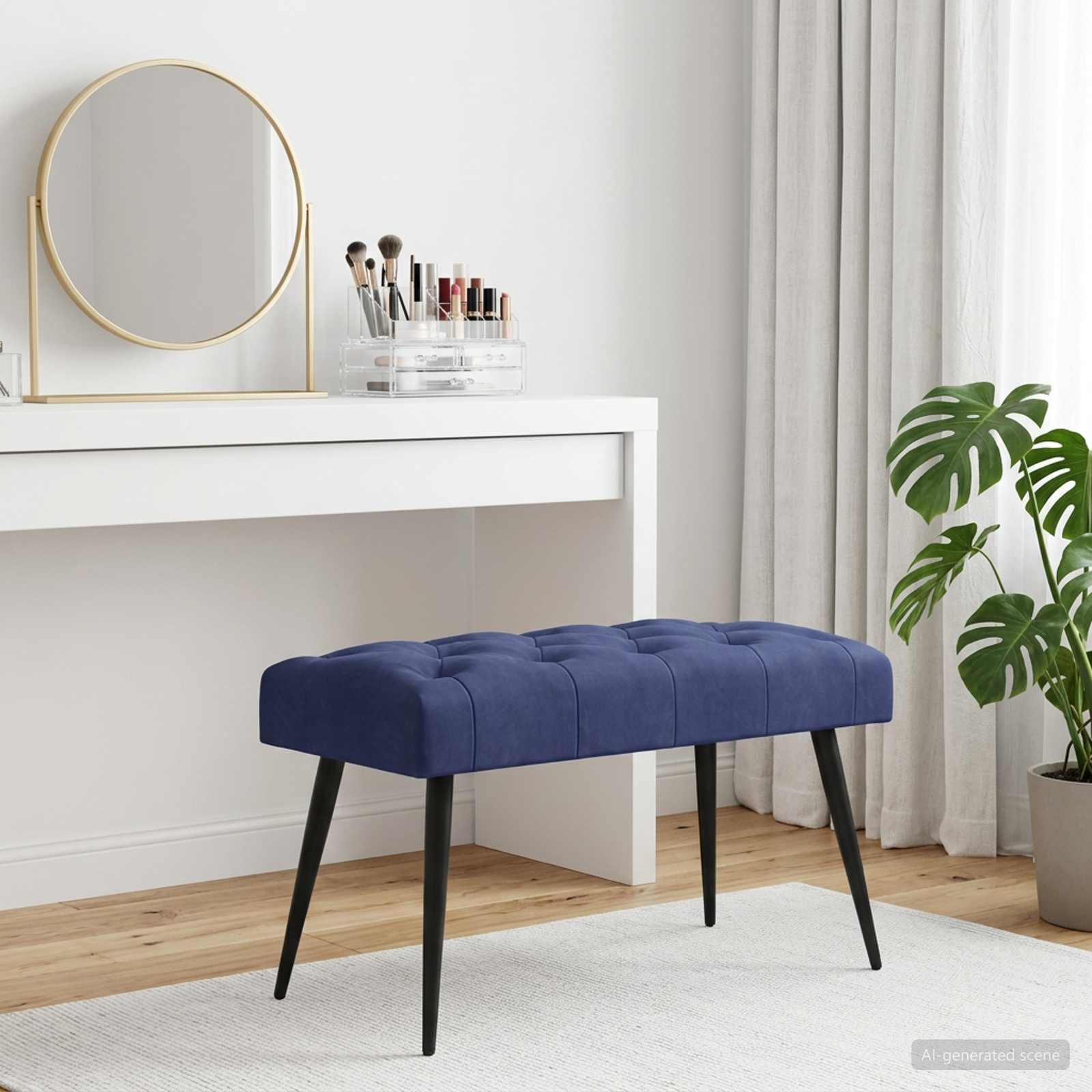 Polstret bænk i fløjl med knap-tufting - politi blå, 80 × 40 × 46 cm