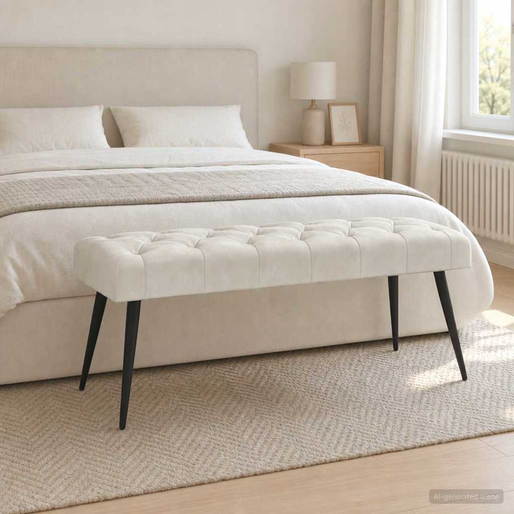 Bænk med knap tufting Cremefarvet 110 x 40 x 46 cm Fløjl billede