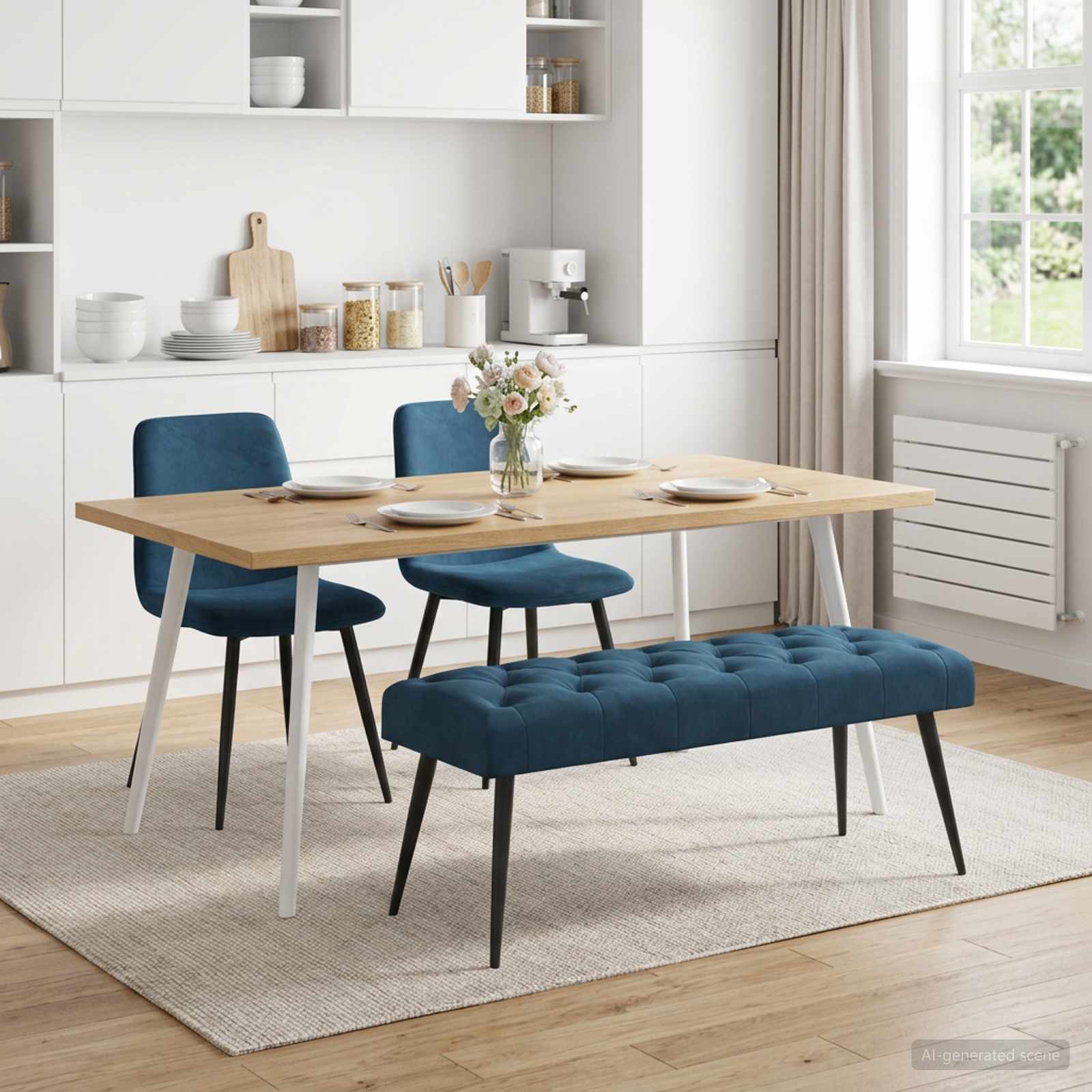 Bænk med knap tufting Blå 110 x 40 x 46 cm Fløjl billede