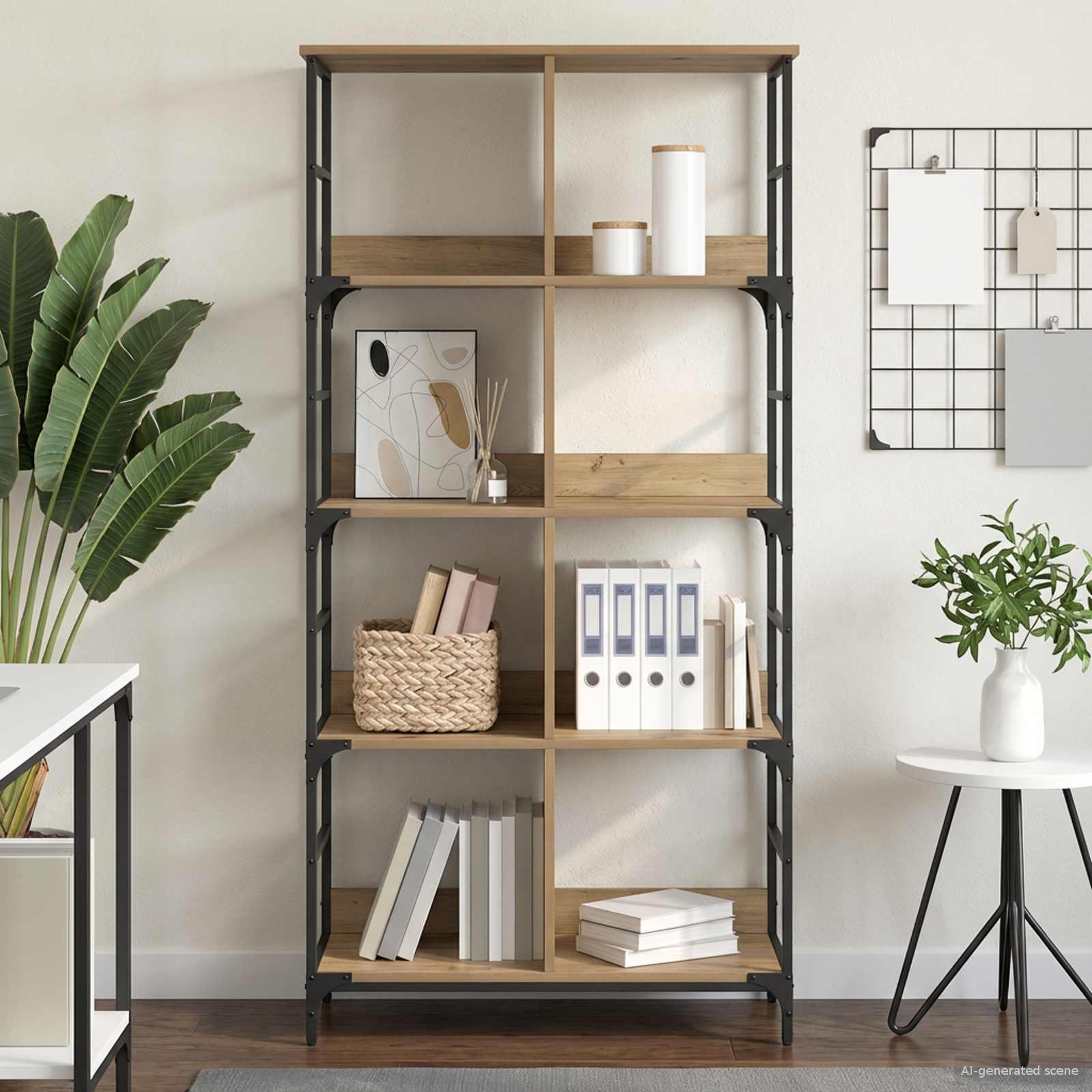 Bogreol med 4 hylder 78,5 x 33 x 153 cm i metal og PB artisan-eg