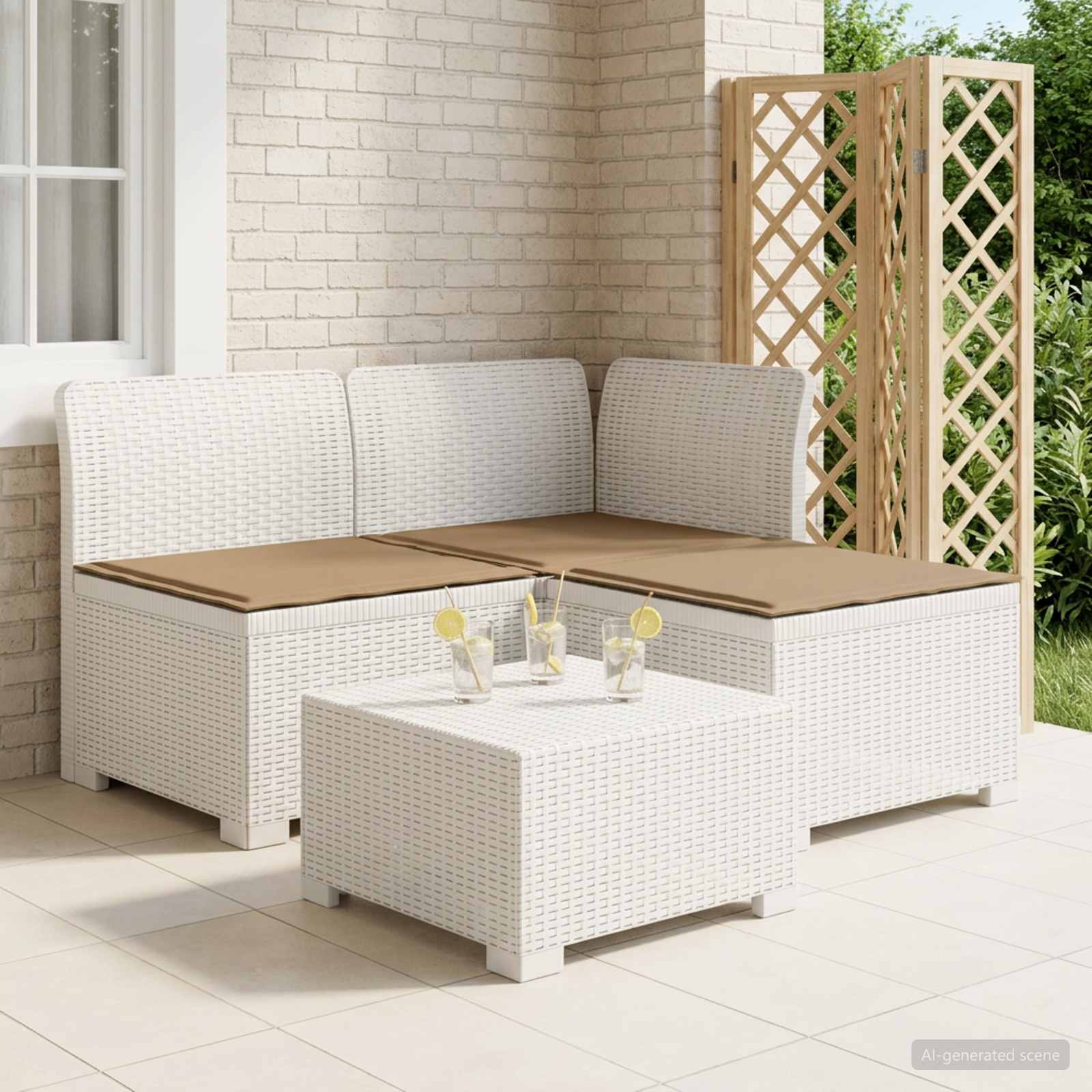 3-personers havensofa med puder i rattanlook PP Hvid
