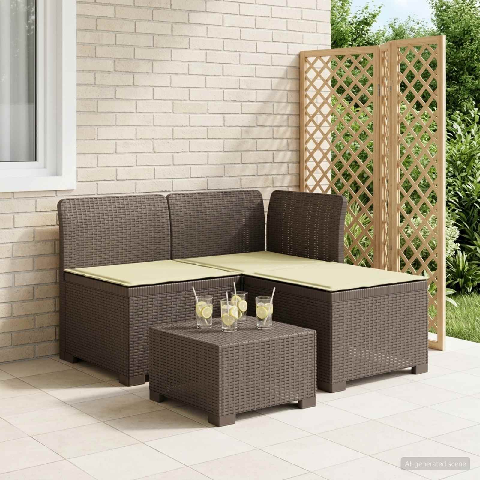 3-personers havensofa med puder i rattanlook PP Lysegr