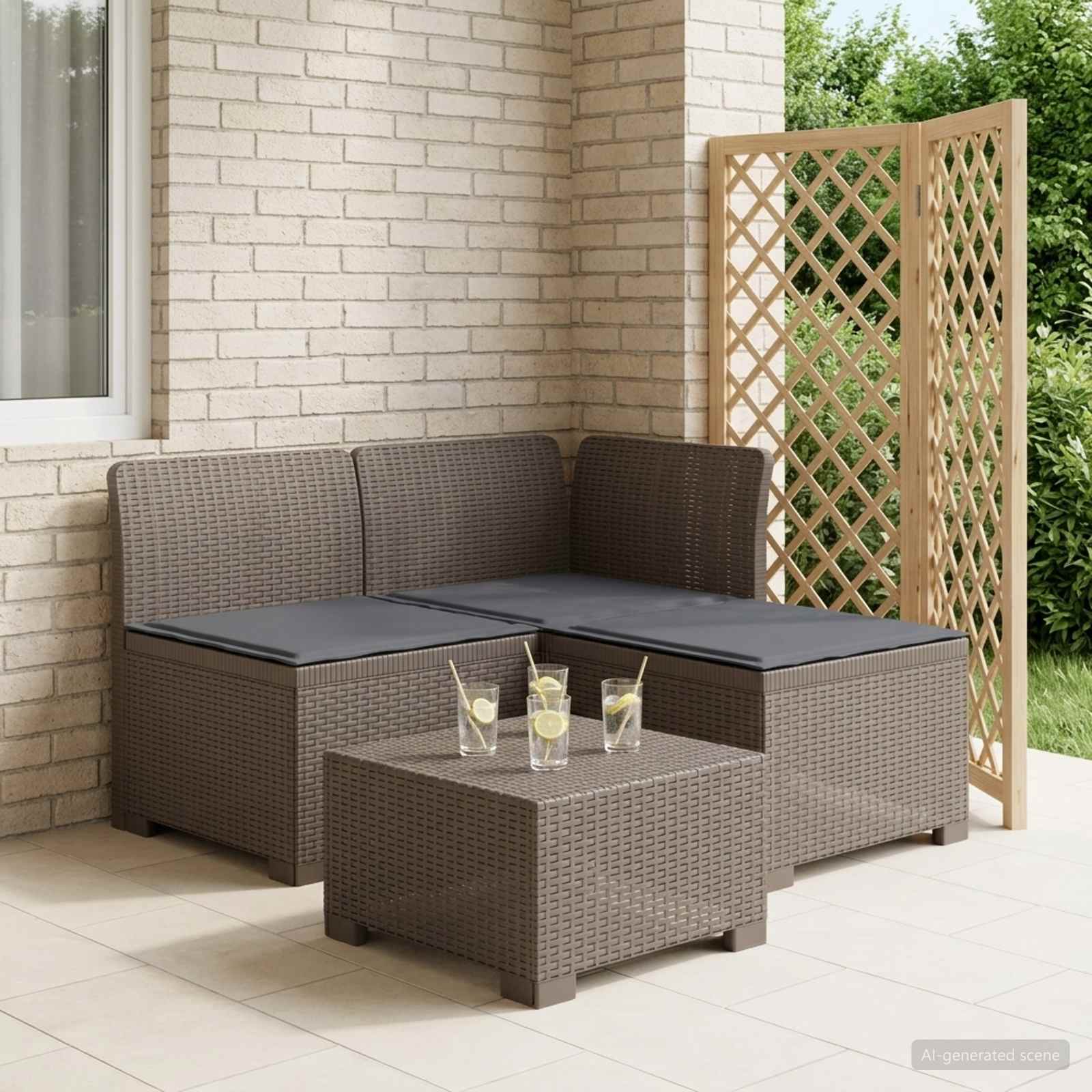 3-personers havensofa med puder i rattanlook PP Lysegr