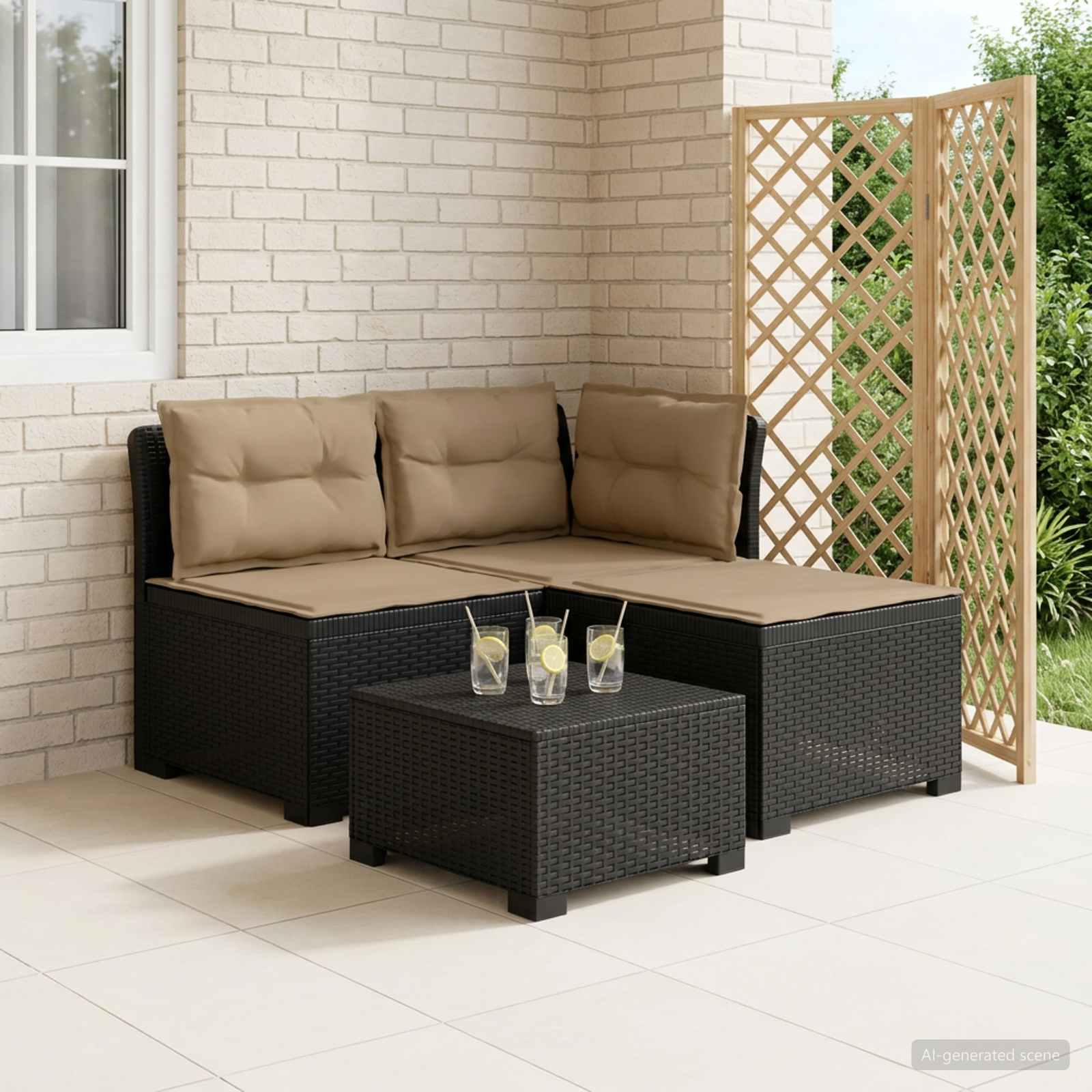 3-personers havensofa med puder i rattanlook PP Antracit