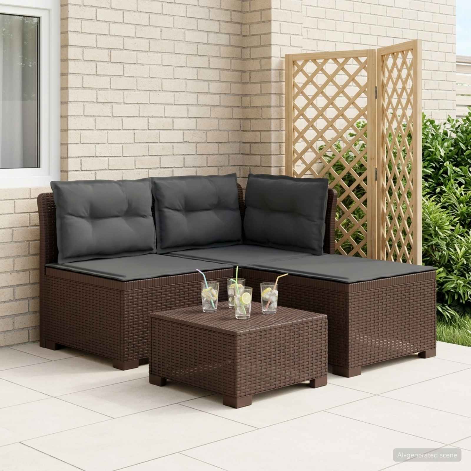 3-personers havensofa med puder i rattanlook PP Brun