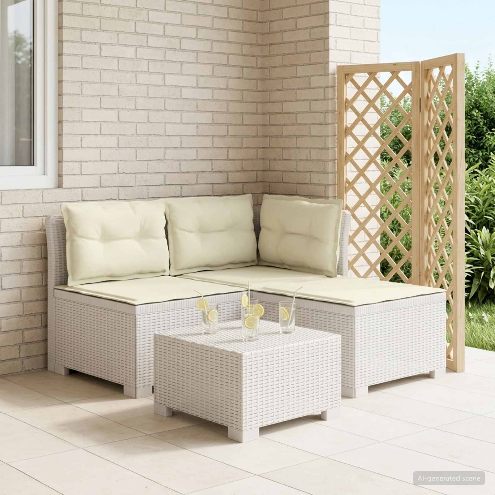 3-personers havensofa med puder i rattanlook PP Hvid