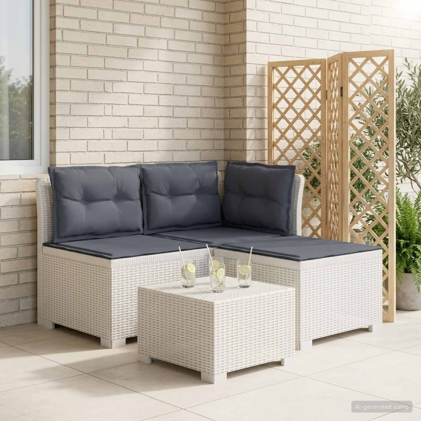 3-personers havensofa med puder i rattanlook PP Hvid