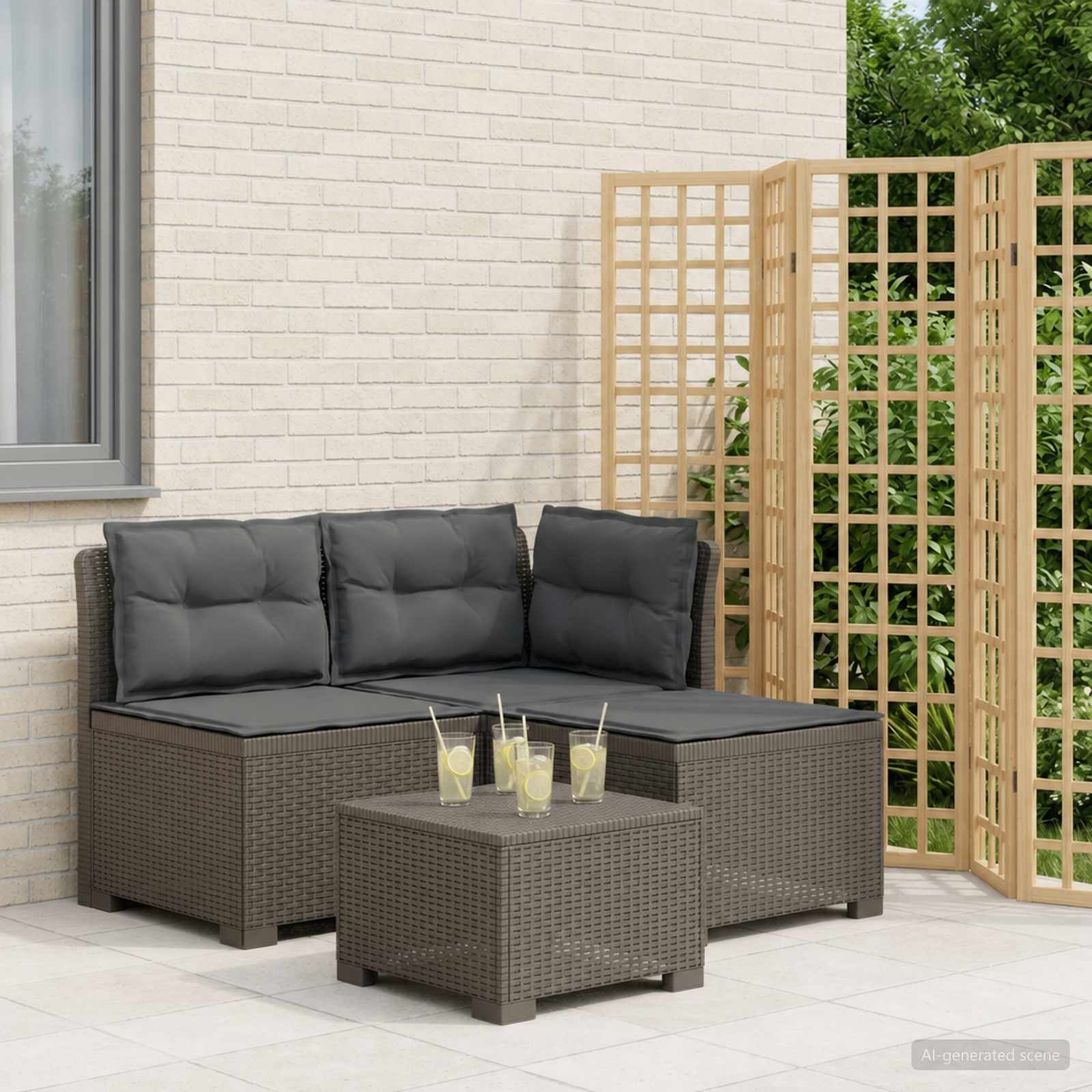 3-personers havensofa med puder i rattanlook PP Lysegr