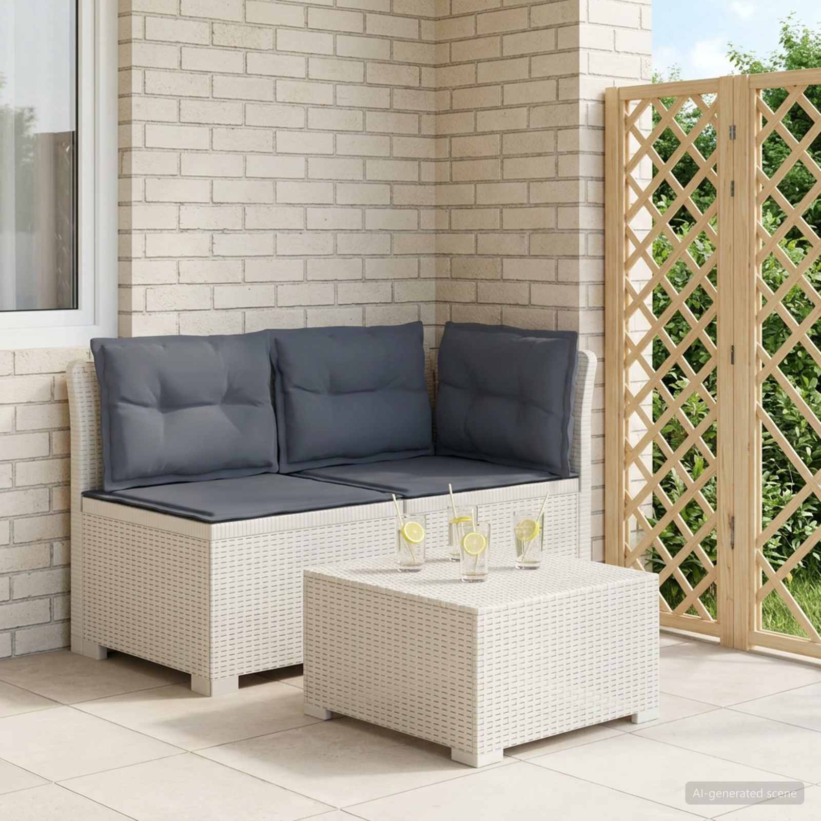 2-personers havemøbelsofa i rattan look PP hvid med lysegrå puder