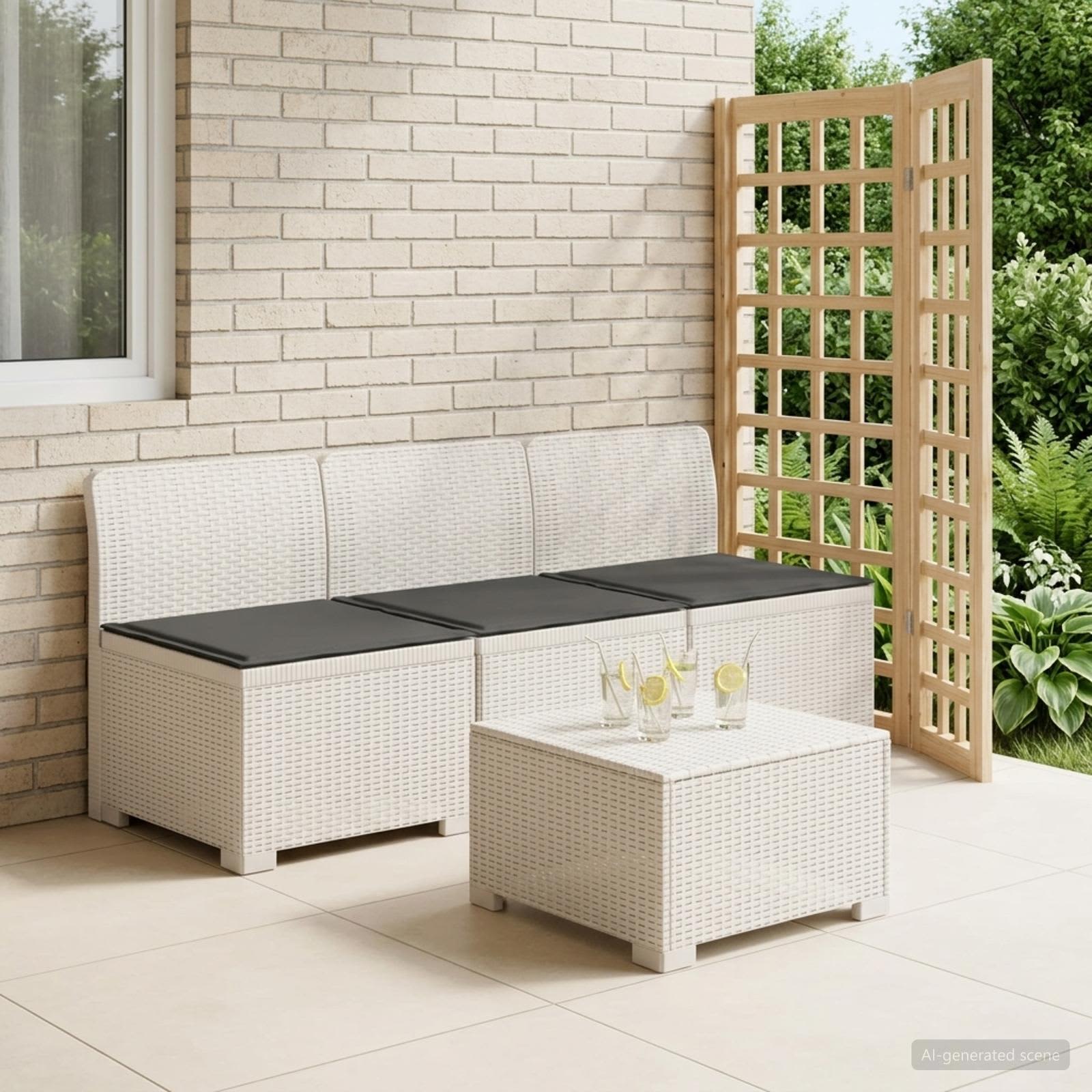 3-personers havensofa med puder i rattanlook PP Hvid