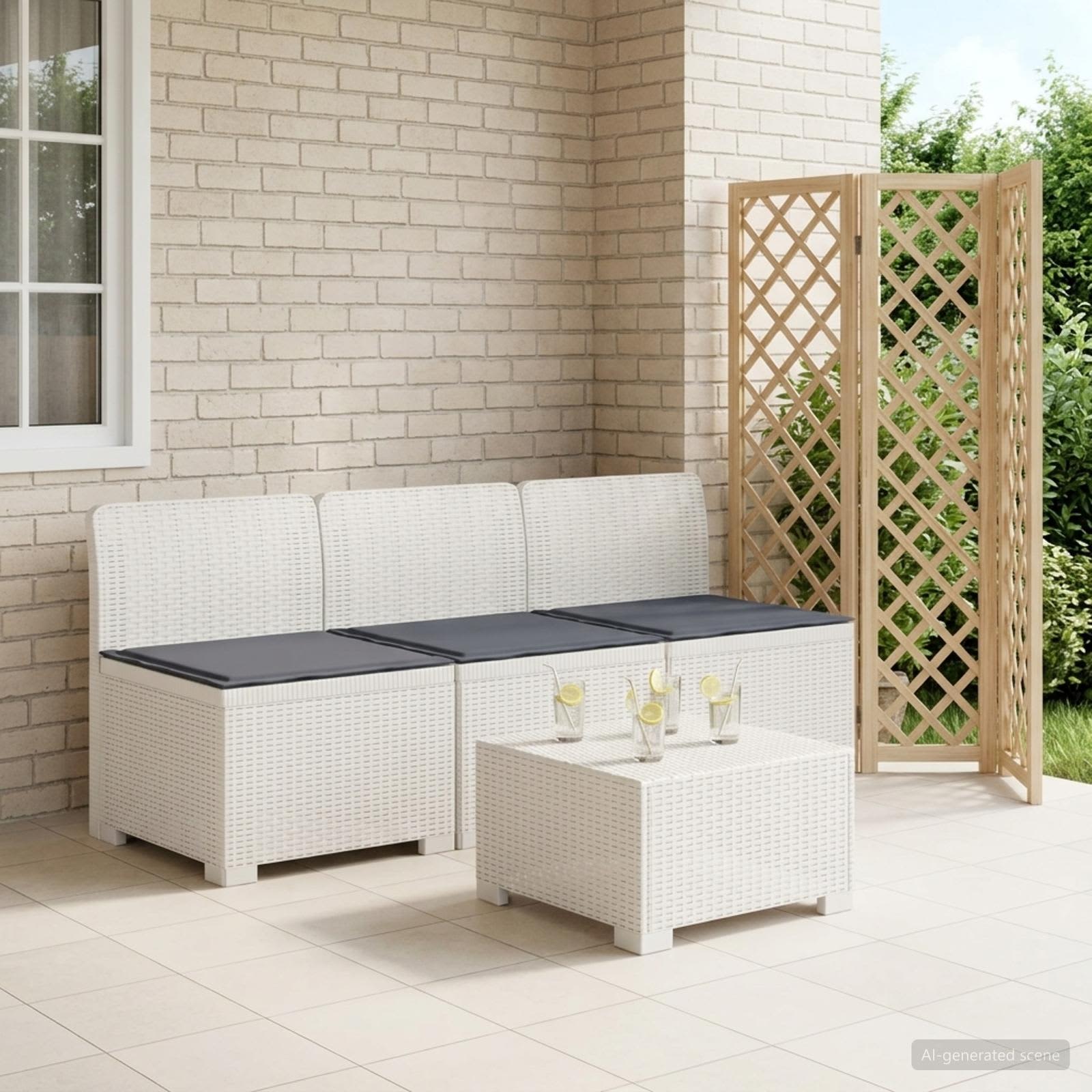 3-personers havensofa med puder i rattanlook PP Hvid