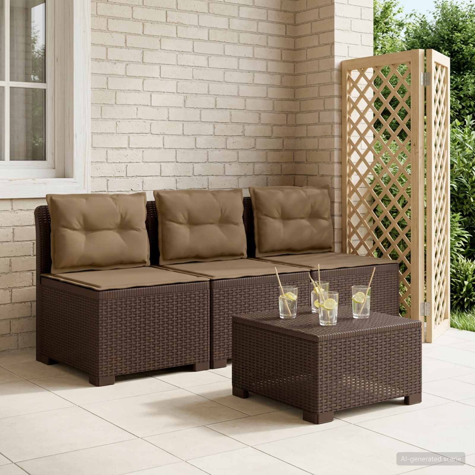 3-personers havensofa med puder i rattanlook PP Brun