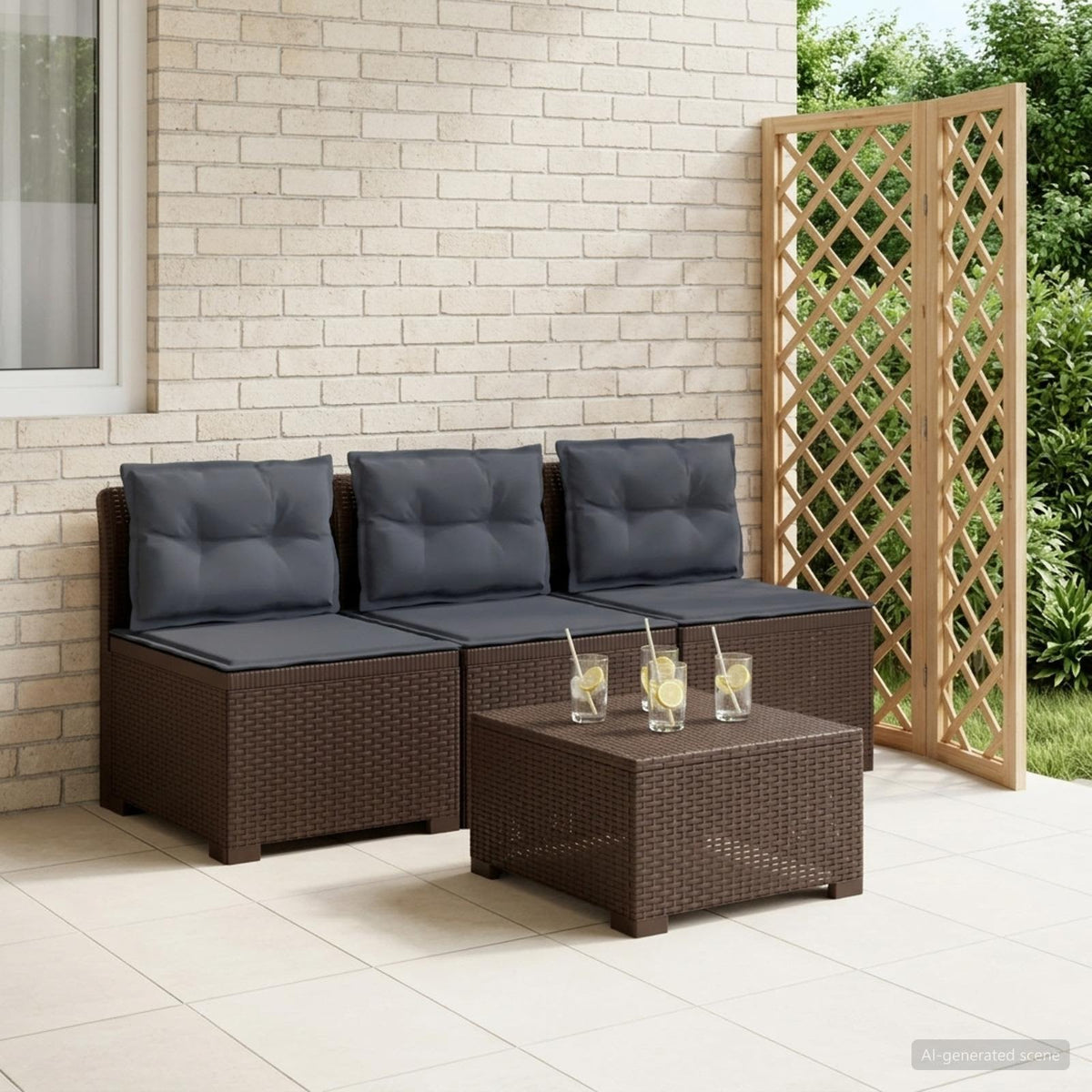 3-personers havensofa med puder i rattanlook PP Brun