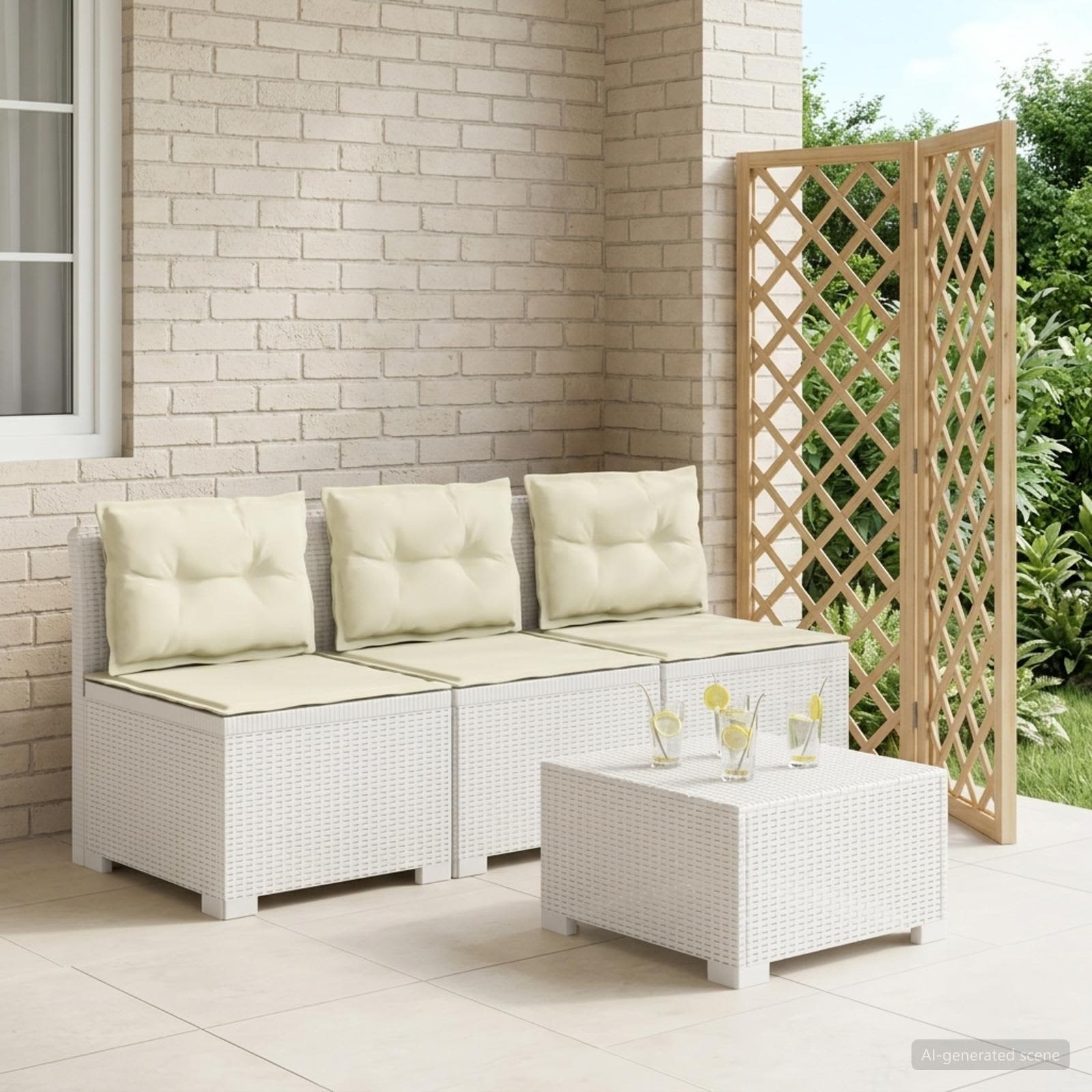 3-personers havensofa med puder i rattanlook PP Hvid