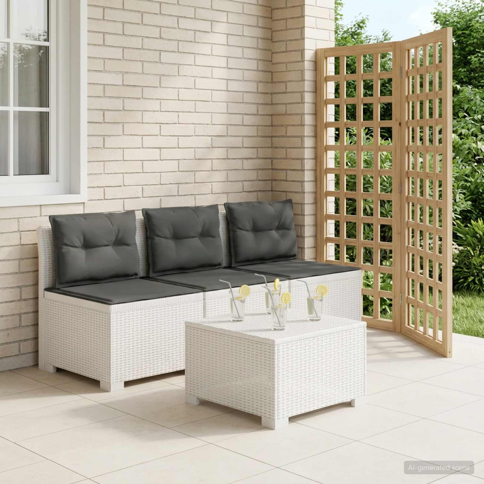3-personers havensofa med puder i rattanlook PP Hvid