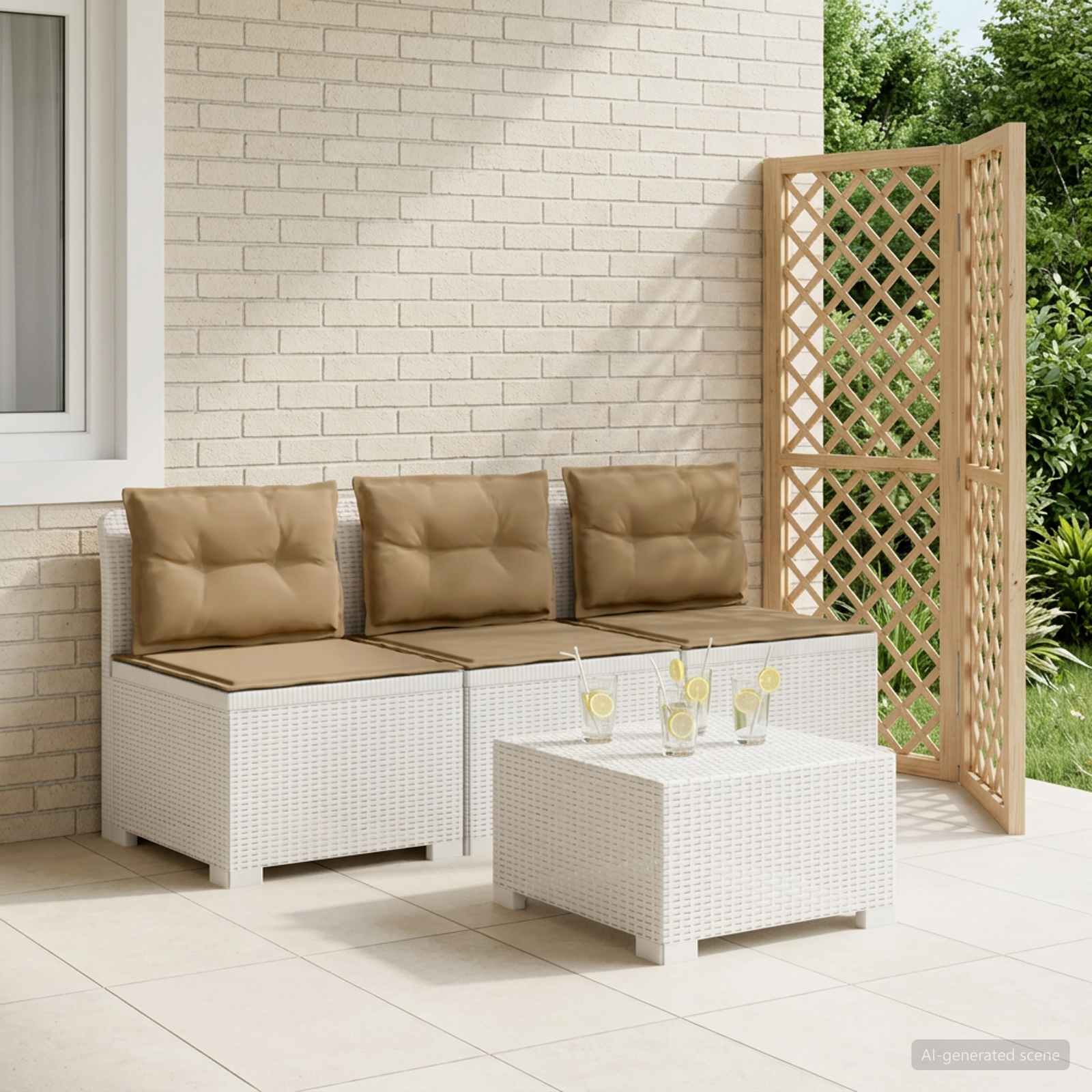 3-personers havensofa med puder i rattanlook PP Hvid
