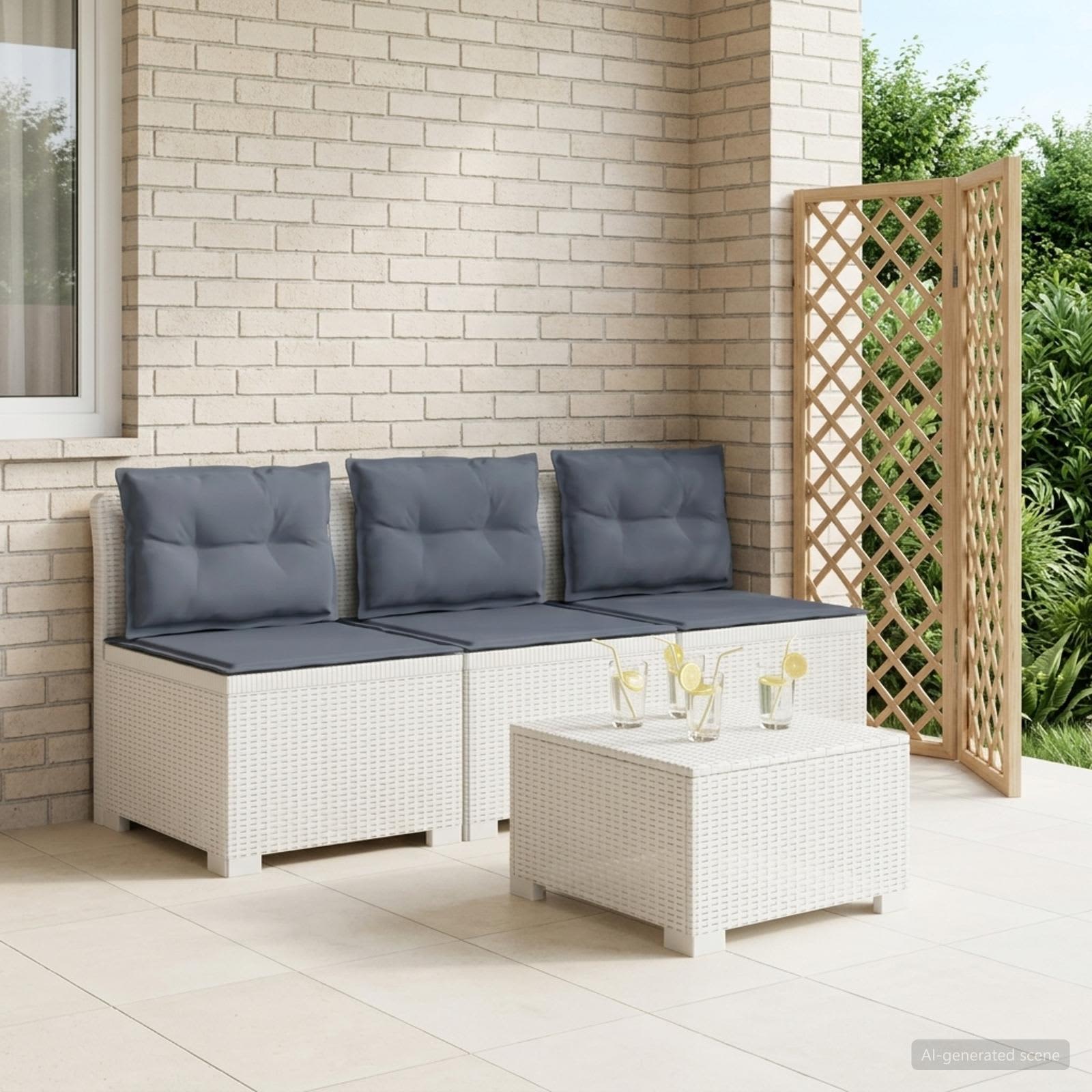 3-personers havensofa med puder i rattanlook PP Hvid
