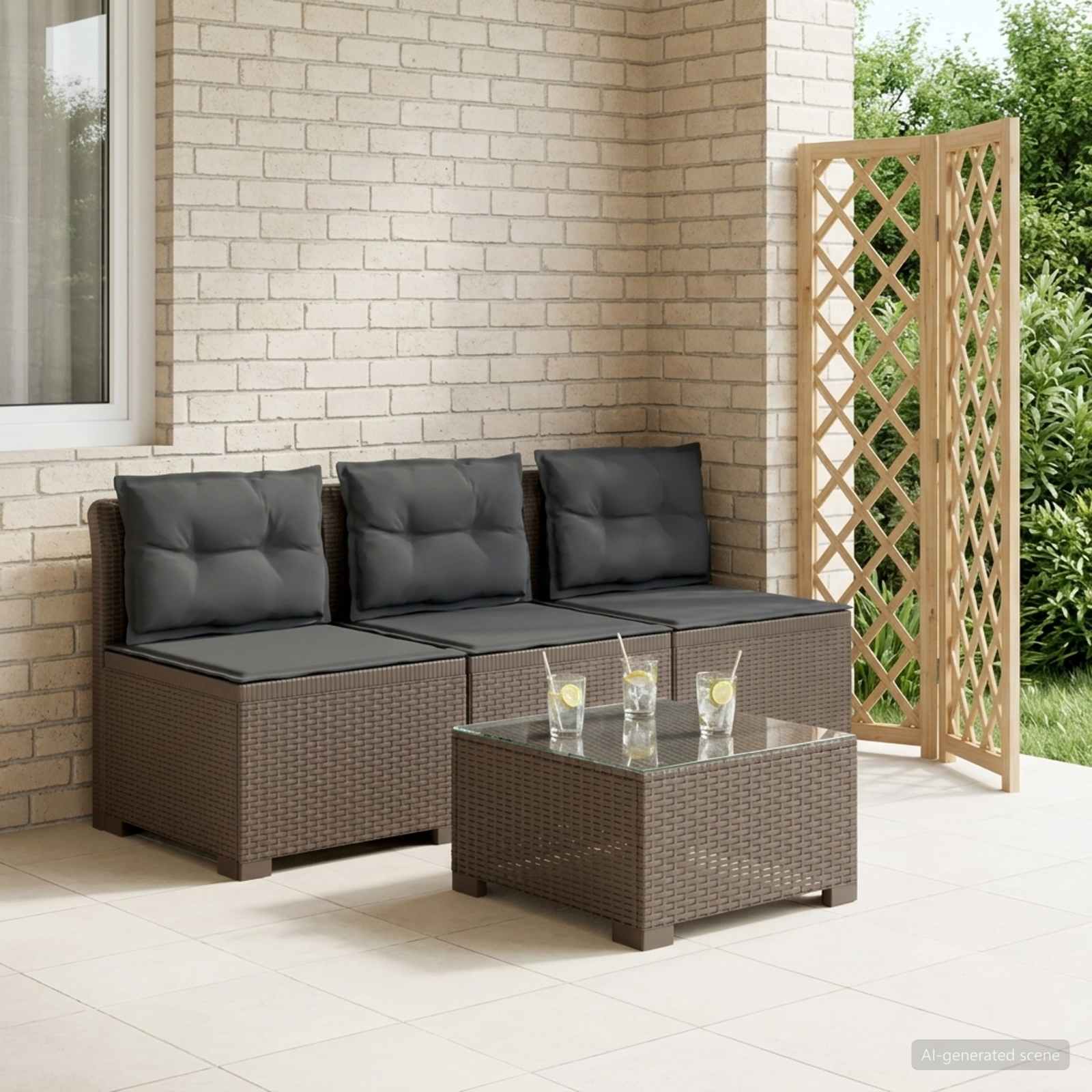 3-personers havensofa med puder i rattanlook PP Lysegr
