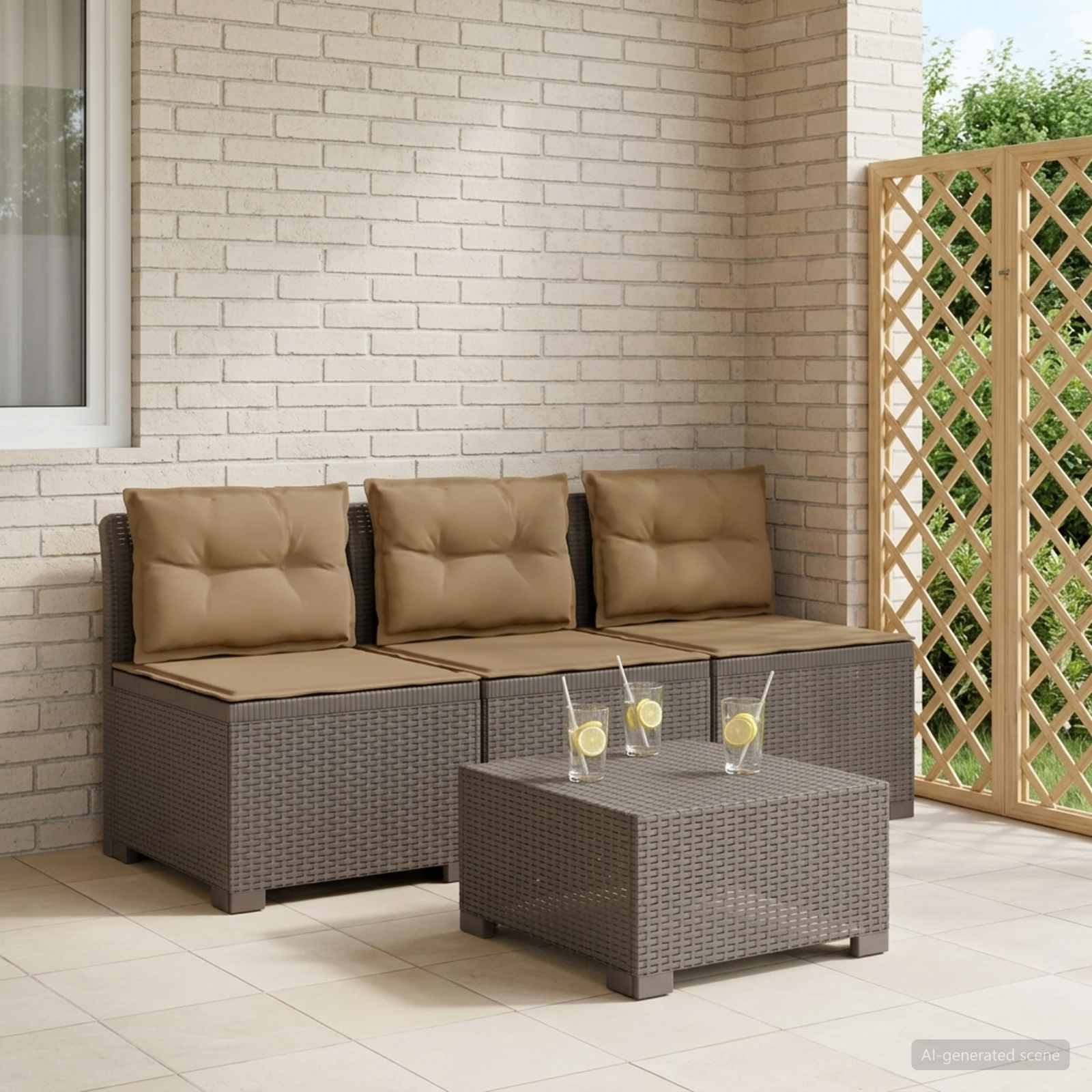 3-personers havensofa med puder i rattanlook PP Lysegr