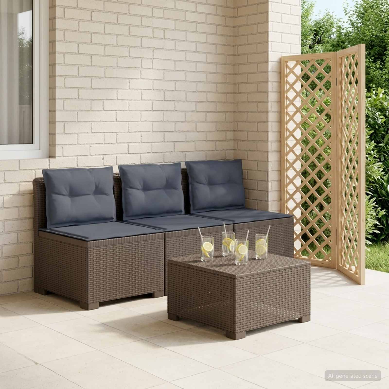 3-personers havensofa med puder i rattanlook PP Lysegr