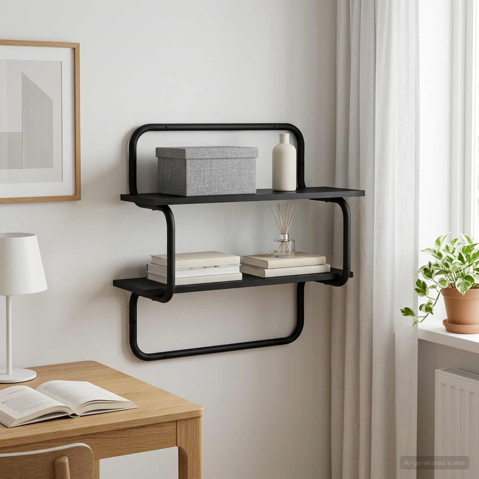 vidaXL 2-etagers væghylde Sort eg 80 x 24,5 x 61 cm Konstrueret træ