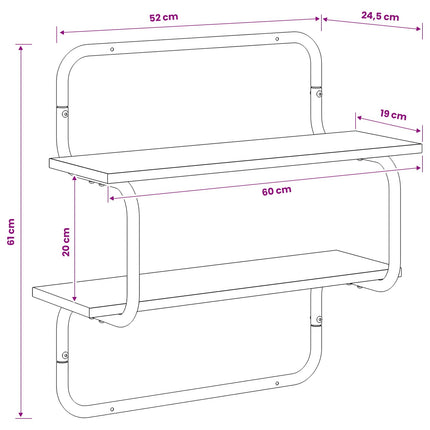 Væghylde i 2 niveauer Sort eg 60 x 24,5 x 61 cm Konstrueret træ