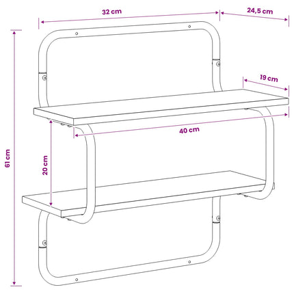 Væghylde med 2 niveauer Artisan-eg 40 x 24,5 x 61 cm