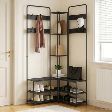 Knagerække med sko bænk Sort eg 143 x 30 x 199,5 cm