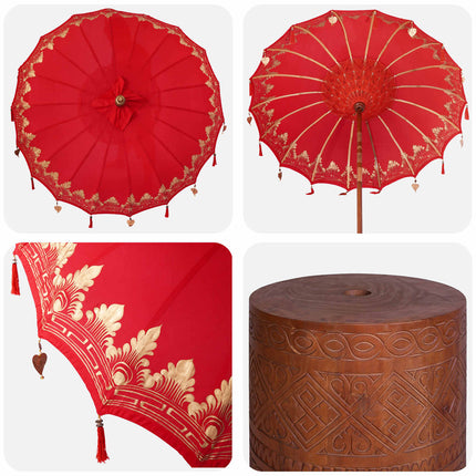 Balinesisk parasol med base 260 Rød og brun 190 x 190 x 295 cm