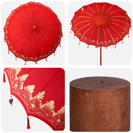 Balinesisk parasol med base 260 Rød og brun 220 x 220 x 295 cm