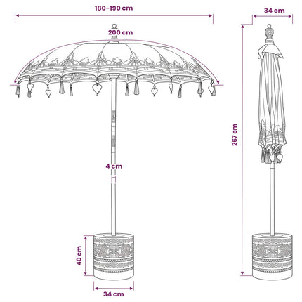 Balinesisk parasol med base 260 Gul og brun 190 x 190 x 295 cm