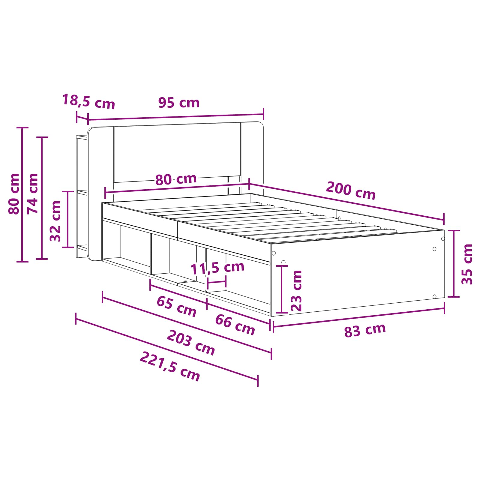 Sengestel med opbevaring Hvid 80 x 200 cm Konstrueret træ