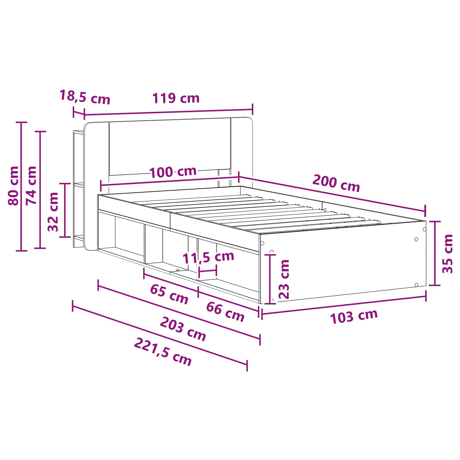 Sengestel med opbevaring Betongrå 100 x 200 cm Konstrueret træ