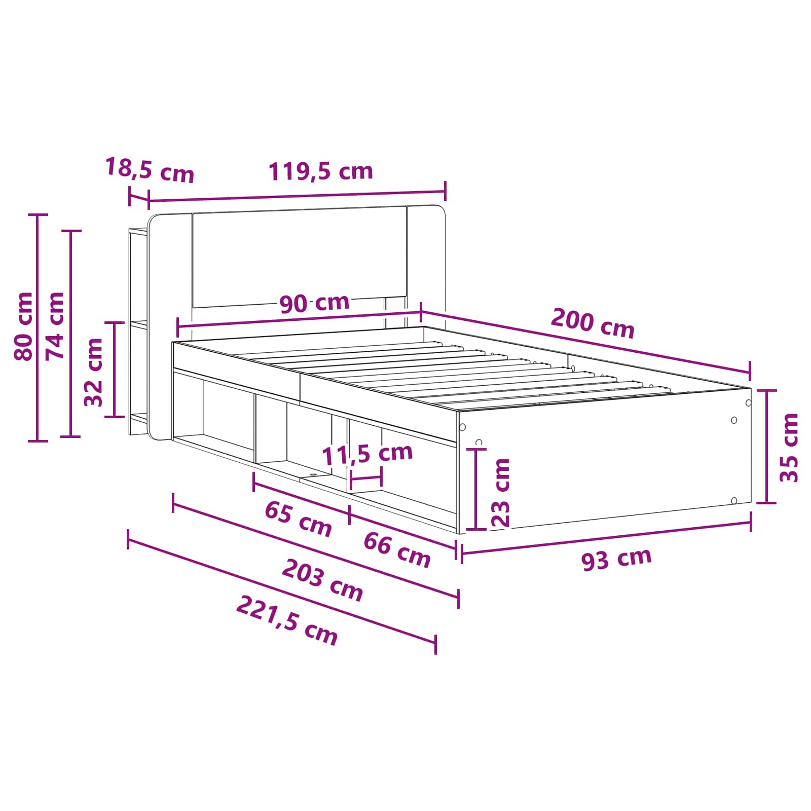Sengestel med opbevaring Hvid 90 x 200 cm Konstrueret træ
