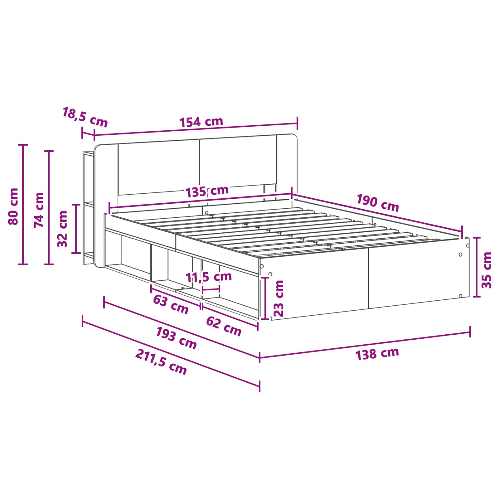 Sengestel med opbevaring med hovedgærde Artisan-eg 135 x 190 cm