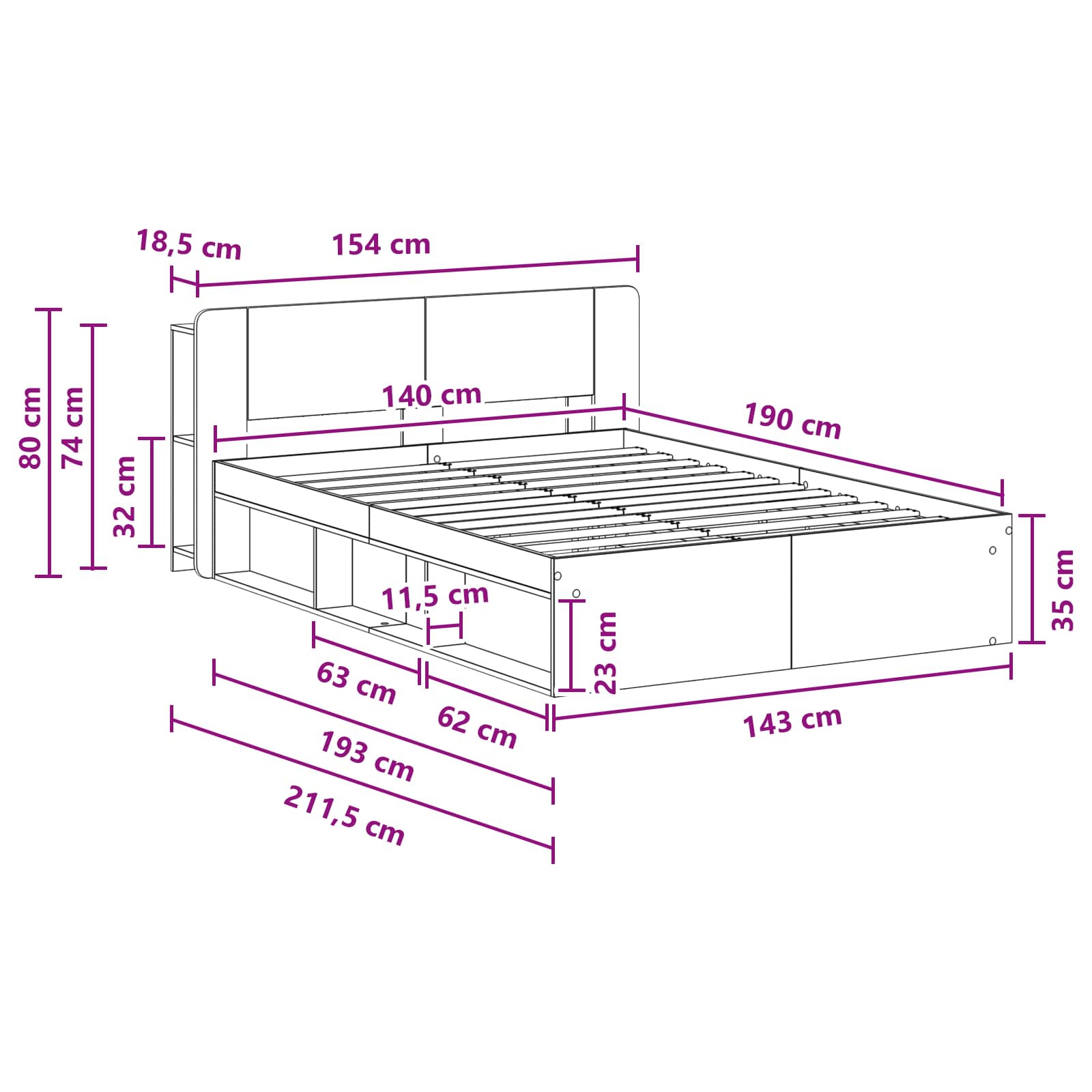 Sengestel med opbevaring med hovedgærde Artisan-eg 140 x 190 cm
