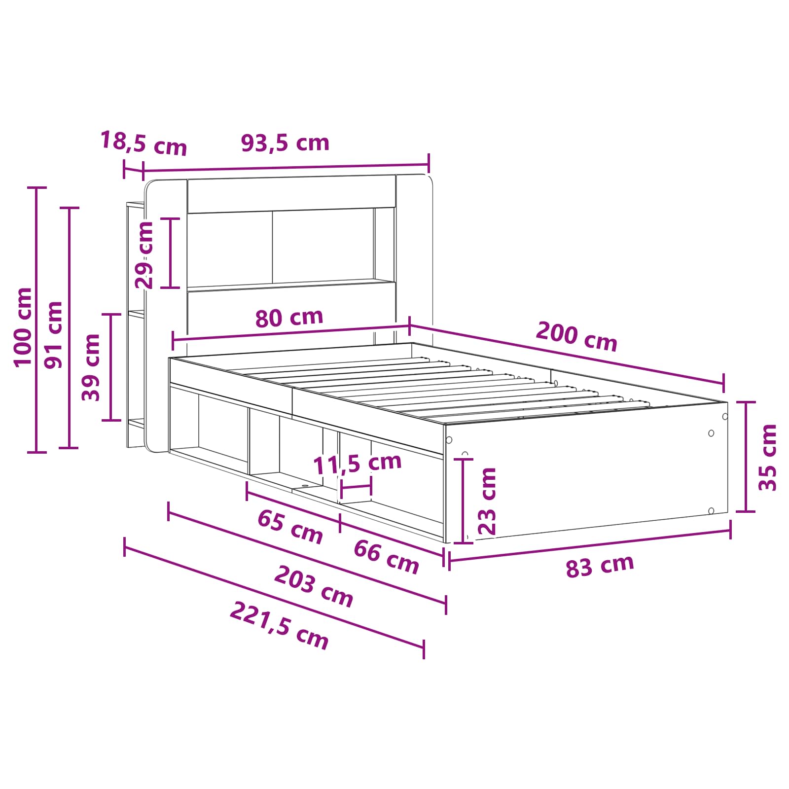 Sengestel med opbevaring med hovedgærde Gammelt træ 80 x 200 cm