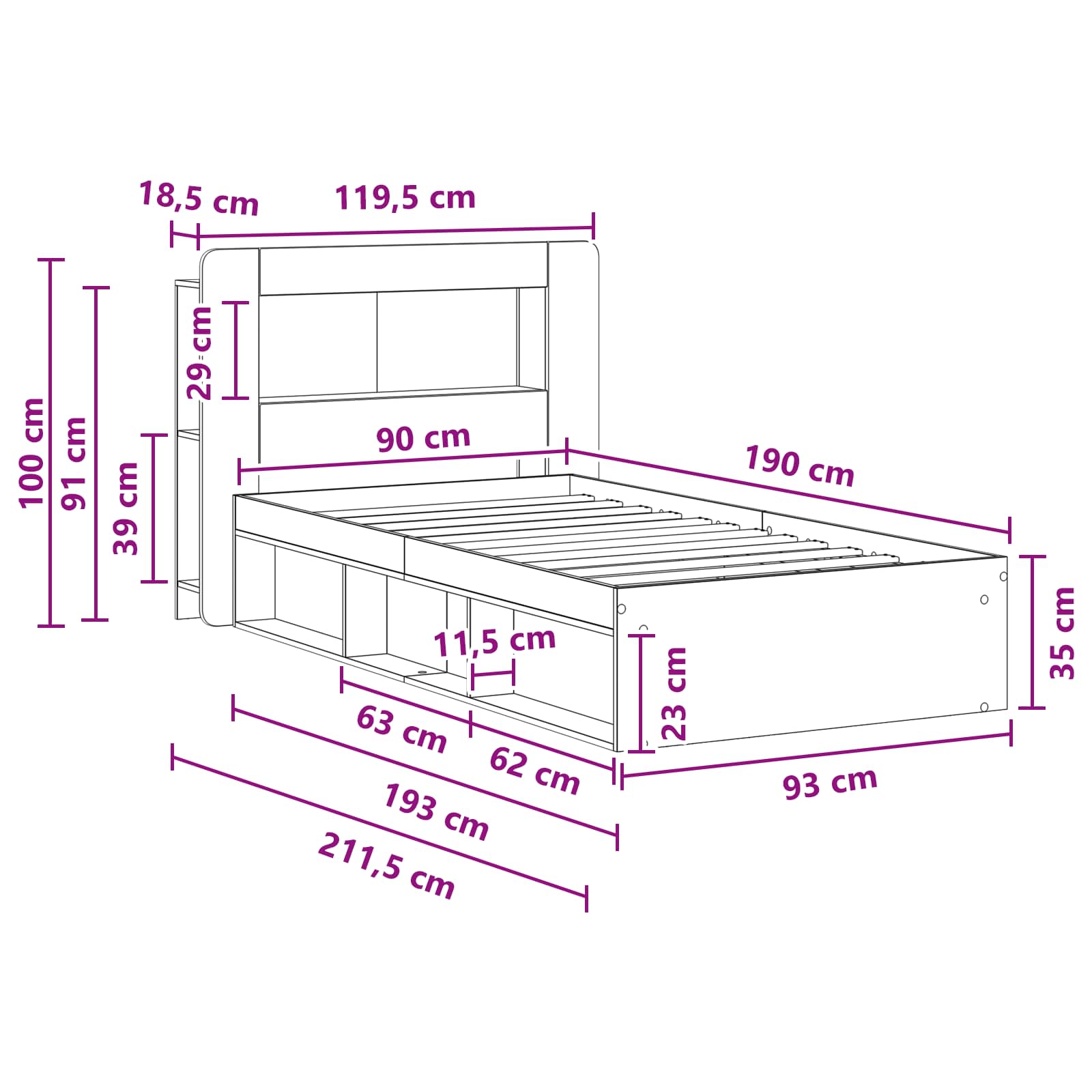Sengestel med opbevaring med hovedgærde Gammelt træ 90 x 190 cm