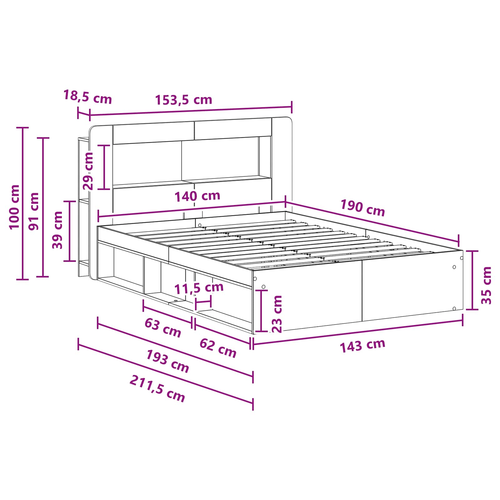 Sengestel med opbevaring Røget eg 140 x 190 cm Konstrueret træ