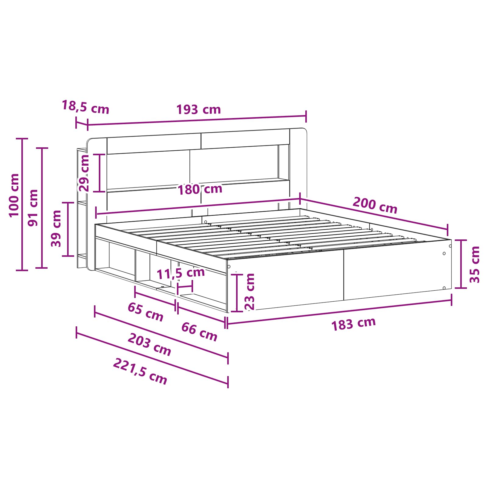 Sengestel med opbevaring Hvid 180 x 200 cm Konstrueret træ