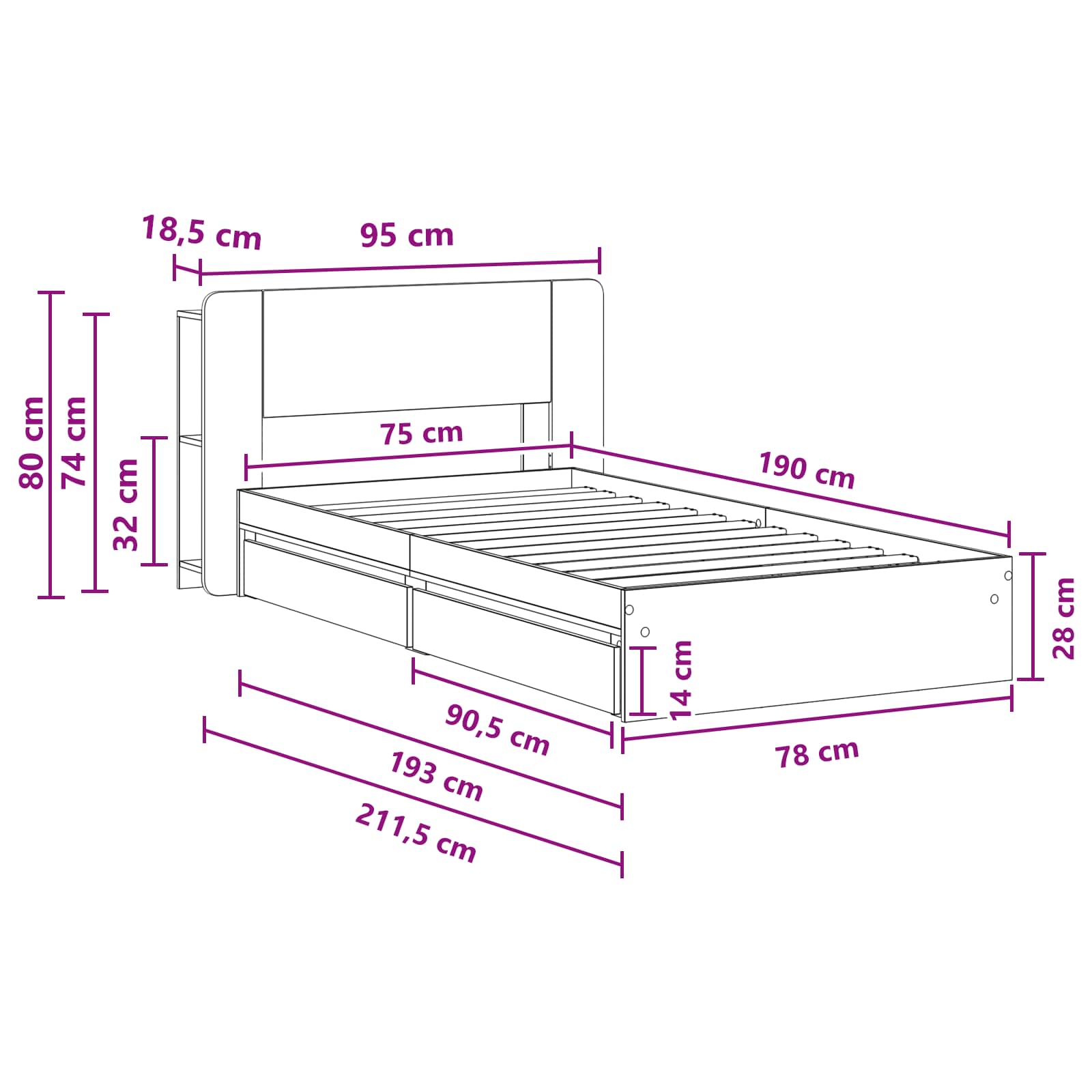 Sengestel med opbevaring Betongrå 75 x 190 cm Konstrueret træ