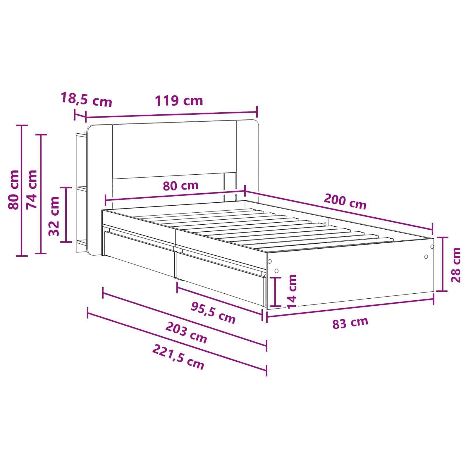 Sengestel med opbevaring Røget eg 100 x 200 cm Konstrueret træ