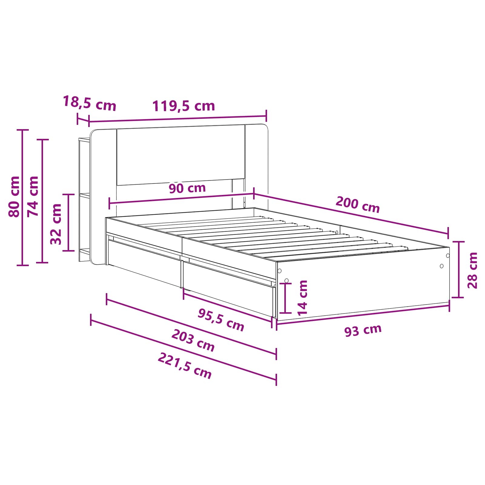 Sengestel med opbevaring Sonoma-eg 90 x 200 cm Konstrueret træ
