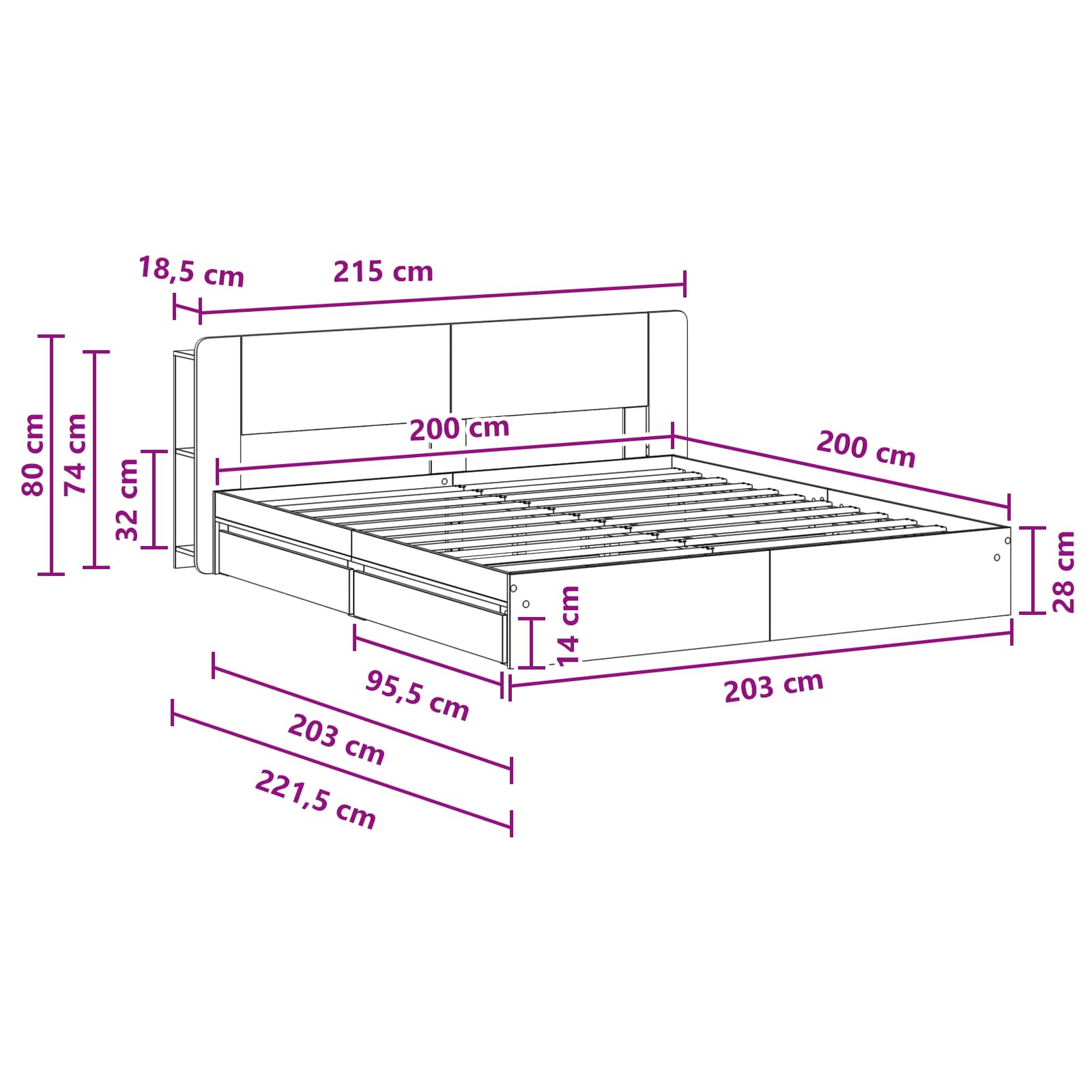 Sengestel med opbevaring Sort 200 x 200 cm Konstrueret træ