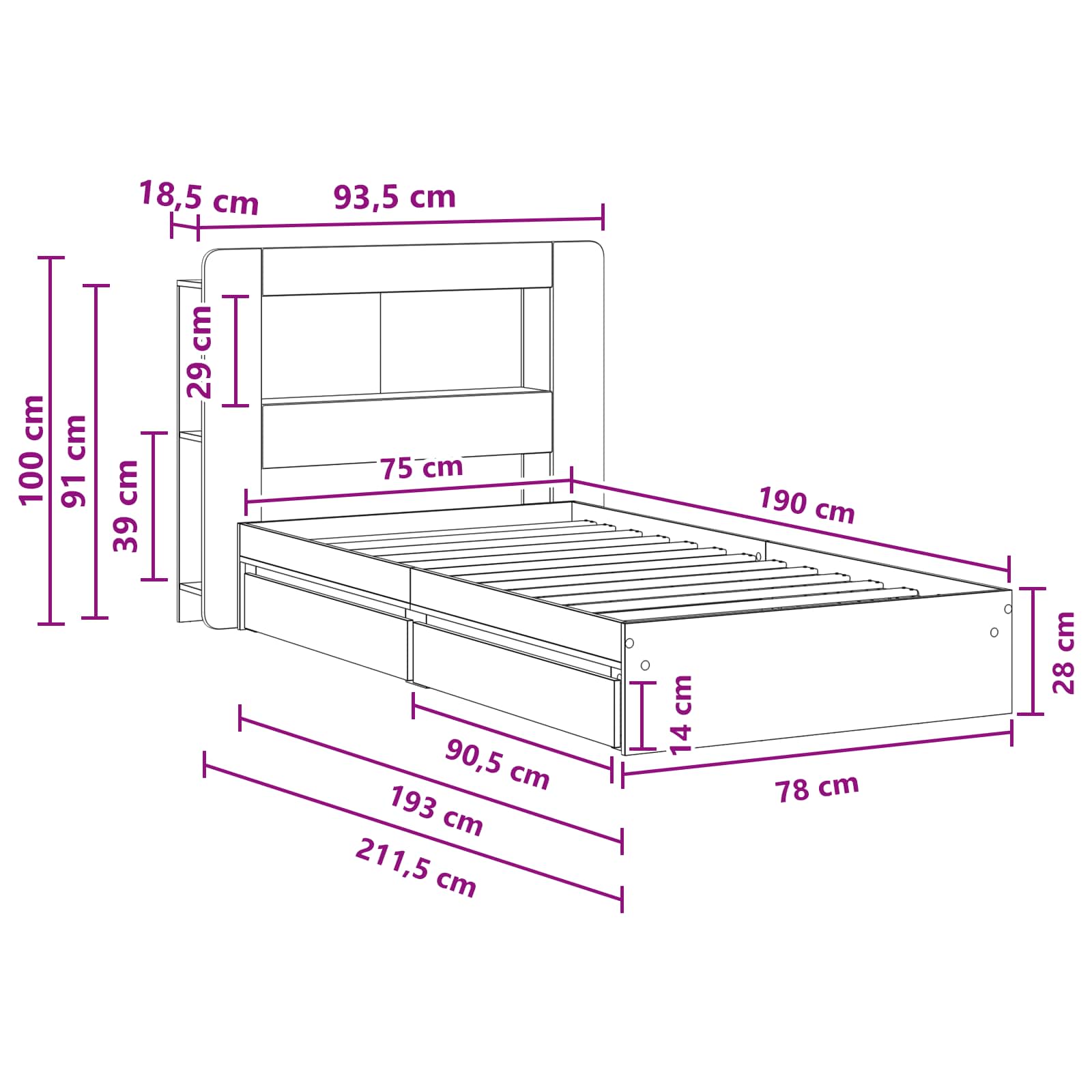 Sengestel med opbevaring Grå Sonoma 75 x 190 cm Konstrueret træ