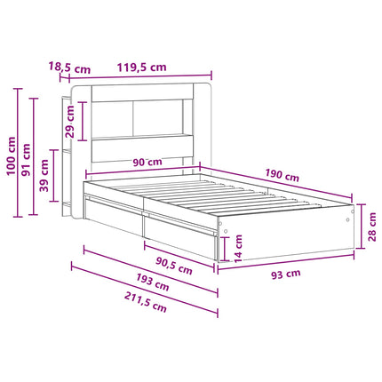 Sengestel med opbevaring Sonoma-eg 90 x 190 cm Konstrueret træ
